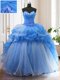 Modest Blue Quinceanera Gown Military Ball and Sweet 16 and Quinceanera and For with Beading and Ruffled Layers Sweetheart Sleeveless Sweep Train Lace Up