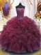 Floor Length Lace Up Sweet 16 Dresses Burgundy for Military Ball and Sweet 16 and Quinceanera with Beading and Ruffles