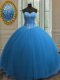 High Class Blue Tulle Lace Up 15 Quinceanera Dress Sleeveless Floor Length Beading and Sequins