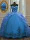Exquisite Blue Sleeveless Court Train Beading and Embroidery and Pick Ups With Train Quinceanera Gown
