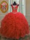 Straps Cap Sleeves Ball Gown Prom Dress Floor Length Beading and Ruffles and Sequins Coral Red Organza