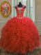 Straps Cap Sleeves Ball Gown Prom Dress Floor Length Beading and Ruffles and Sequins Coral Red Organza Straps Cap Sleeves Ball Gown Prom Dress Floor Length Beading and Ruffles and Sequins Coral Red Organza