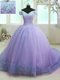Fitting Off the Shoulder Lavender Organza Lace Up 15 Quinceanera Dress Short Sleeves With Train Court Train Hand Made Flower