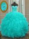 Aqua Blue Ball Gowns Organza Sweetheart Sleeveless Beading and Embroidery and Ruffles Floor Length Lace Up Ball Gown Prom Dress