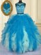 Scoop Blue And White Tulle Zipper Ball Gown Prom Dress Sleeveless Floor Length Beading and Ruffles