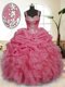 High Quality Sleeveless Floor Length Beading and Ruffles and Pick Ups Zipper Sweet 16 Dresses with Pink