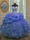 Glittering Floor Length Blue Ball Gown Prom Dress Organza Sleeveless Beading and Ruffles and Pick Ups