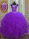 Charming Purple Lace Up Straps Beading and Ruffles and Sequins Sweet 16 Dress Organza Cap Sleeves