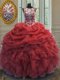 Scoop Coral Red Lace Up Quince Ball Gowns Beading and Ruffles and Pick Ups Sleeveless Floor Length  Scoop Coral Red Lace Up Quince Ball Gowns Beading and Ruffles and Pick Ups Sleeveless Floor Length