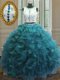 Scoop Sleeveless Organza Floor Length Clasp Handle Quinceanera Gowns in Teal with Beading and Ruffles