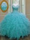 Flirting Floor Length Zipper Vestidos de Quinceanera Aqua Blue for Military Ball and Sweet 16 and Quinceanera with Beading and Ruffles