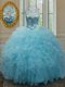 Glittering Scoop Floor Length Aqua Blue Sweet 16 Quinceanera Dress Organza Sleeveless Beading and Ruffles
