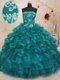 Inexpensive Turquoise Strapless Neckline Beading and Appliques and Ruffles Quinceanera Gown Sleeveless Lace Up