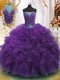 Stylish Purple Organza Lace Up Strapless Sleeveless Floor Length Sweet 16 Dresses Beading and Ruffles