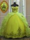 Yellow Green Sleeveless With Train Beading and Appliques and Pick Ups Lace Up Quinceanera Gown