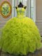 Beautiful Straps Cap Sleeves Quinceanera Gown Floor Length Beading and Ruffles and Sequins Yellow Green Organza