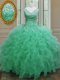 Custom Design Apple Green Organza Zipper V-neck Sleeveless Floor Length Quinceanera Dress Beading and Ruffles