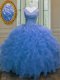 Fitting Blue Ball Gowns Organza V-neck Sleeveless Beading and Ruffles Floor Length Zipper Quinceanera Gowns