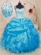 Lovely Sleeveless Organza Floor Length Lace Up Sweet 16 Dresses in Baby Blue with Beading and Ruffles and Pick Ups