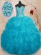 Fashionable Aqua Blue Organza Lace Up Sweetheart Sleeveless Floor Length Vestidos de Quinceanera Beading