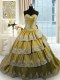 Olive Green Satin Lace Up Sweetheart Sleeveless With Train Quinceanera Dresses Beading and Appliques and Ruffled Layers