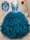 Popular Beading and Embroidery and Ruffles Quinceanera Dress Teal Backless Sleeveless Floor Length