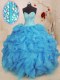 Baby Blue Lace Up 15th Birthday Dress Beading and Ruffles Sleeveless Floor Length