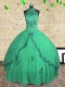 Halter Top Sleeveless Floor Length Beading Lace Up Ball Gown Prom Dress with Turquoise