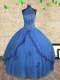 Halter Top Blue Sleeveless Tulle Lace Up Ball Gown Prom Dress for Military Ball and Sweet 16 and Quinceanera
