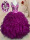 Designer Fuchsia V-neck Backless Beading and Embroidery and Ruffles Quinceanera Dresses Sleeveless
