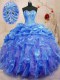 Sophisticated Blue Ball Gown Prom Dress Military Ball and Sweet 16 and Quinceanera and For with Beading and Ruffles Sweetheart Sleeveless Lace Up