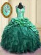 Turquoise Organza and Taffeta Lace Up Quinceanera Gowns Cap Sleeves With Brush Train Beading and Ruffles and Pick Ups