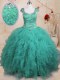 Elegant Turquoise Lace Up Sweet 16 Dresses Beading and Ruffles Cap Sleeves Floor Length