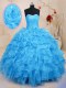 Most Popular Baby Blue Sleeveless Beading and Ruffles and Hand Made Flower Floor Length Ball Gown Prom Dress
