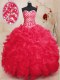 Extravagant Coral Red Organza Lace Up Quinceanera Dresses Sleeveless Floor Length Beading and Ruffles and Sequins