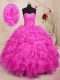 Deluxe Floor Length Hot Pink Quinceanera Dress Organza Sleeveless Beading and Ruffles and Hand Made Flower