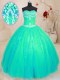 High End Sleeveless Tulle and Sequined Floor Length Lace Up Sweet 16 Dress in Turquoise with Beading and Appliques