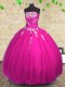 Glorious Floor Length Lace Up Ball Gown Prom Dress Fuchsia for Military Ball and Sweet 16 and Quinceanera with Appliques and Ruching