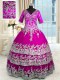Traditional Fuchsia Zipper Quinceanera Gowns Beading and Appliques and Ruffled Layers Half Sleeves