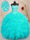 Aqua Blue Ball Gowns Sweetheart Sleeveless Organza Floor Length Lace Up Beading and Ruffles and Sequins Vestidos de Quinceanera