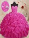 Adorable Floor Length Lace Up Sweet 16 Dresses Hot Pink for Military Ball and Sweet 16 and Quinceanera with Beading and Ruffles