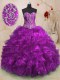 Purple Ball Gowns Sweetheart Sleeveless Organza With Train Sweep Train Lace Up Beading and Ruffles 15th Birthday Dress