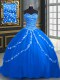 Custom Fit Sleeveless Tulle With Brush Train Lace Up 15 Quinceanera Dress in Blue with Beading and Appliques