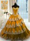 Custom Fit Ruffled Sweetheart Sleeveless Court Train Lace Up Quince Ball Gowns Brown Taffeta