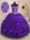Best Sleeveless Organza With Train Sweep Train Lace Up Sweet 16 Quinceanera Dress in Purple with Beading and Ruffles