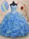 Blue Sweetheart Lace Up Beading and Ruffles Sweet 16 Dress Brush Train Sleeveless