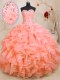 Edgy Sleeveless Floor Length Beading and Ruffles Lace Up Quinceanera Gown with Pink