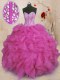 Fuchsia Sweetheart Lace Up Beading and Ruffles Quinceanera Gown Sleeveless