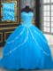 Fabulous With Train Lace Up Ball Gown Prom Dress Aqua Blue for Military Ball and Sweet 16 and Quinceanera with Beading and Appliques Brush Train