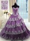 Exceptional Purple Sleeveless With Train Beading and Appliques and Ruffled Layers Lace Up Ball Gown Prom Dress